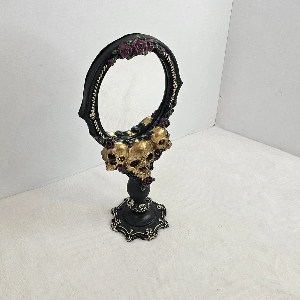 Halloween Gothic CHRISTIAN SIRIANO Tabletop Black/Gold Triple Skull Mirror 14.5